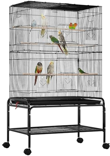 Yaheetech Vogelkäfig groß, 79 × 49 × 134,5 cm, Vogelvoliere mit 3 Sitzstangen, Papageienkäfig mit 6 Türen, Käfig für Wellensittich, 4 Futternapf, Schmutzwanneneinsatz, Schwarz