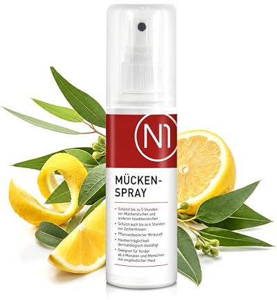 N1 Mückenspray - Natürlicher Mückenschutz + Zeckenschutz für Erwachsene & Kinder (Zitrusduft) - Anti Mücken Spray wasserfest & schweißresistent - Schutz gegen Stechmücken, Moskitos, Zecken & Insekten