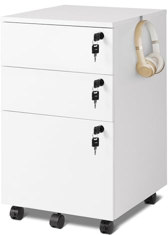 DEVAISE Rollcontainer mit 3 Schubladen, Mobiler Aktenschrank mit Rollen, Druckertisch für DIN A4/Legal/Letter, Schreibtisch Unterschrank für Büro und Home Office, Weiß