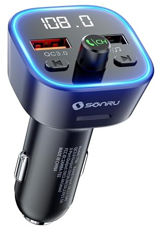SONRU FM Transmitter Auto Bluetooth 5.3,Musik Adapter für Auto Radio | Car Radio Zigarettenanzünder, Freisprecheinrichtung und Ladegerät mit 2 USB-Anschlüssen, HiFi-Höhen- und Basswiedergabe