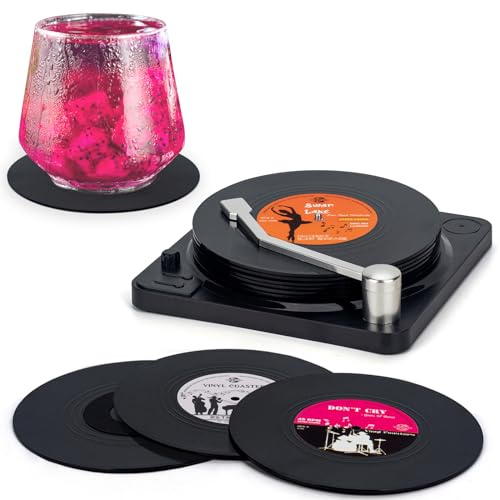 Untersetzer Gläser, Valdivia Design Retro Vinyl Schallplatte Untersetzer mit Basis und einzigartige Etiketten, Getränkeuntersetzer 6er Set mit Geschenk Box, für Bars, Cafés, Haus, Party, Büro