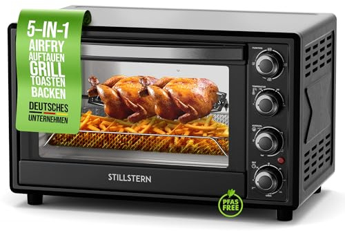 Stillstern Minibackofen mit Umluft 35L (DE Version) Pizza Ø28, CYCLONE PRO+ Antihaftbeschichtung, Auftauen, 2h Timer, Camping Mini Backofen Umluft Pizzaofen Mini Ofen klein Hähnchengrill mit Drehspieß