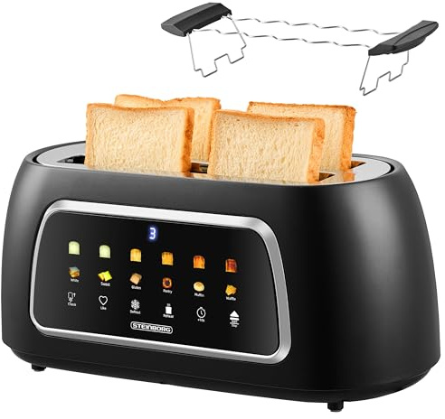 Steinborg® Automatik Toaster mit Brötchenaufsatz 4 Scheiben Automatische Liftfunktion ohne Hebel - Langschlitztoaster Toastautomat Digitales Display Brotzentrierung Restzeitanzeige Abschaltautomatik