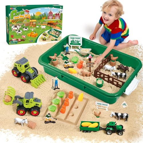 FRUSE Bauernhof Sand Spielzeug, Spielsand Sandspielzeug mit 1 KG Magic Toy Sand,Bauernhof Spielzeug und Traktor Toy,Sandkasten mit Deckel,Sensorisch Sandspielzeug für Kind ab 3 4 5 6 7 8 9
