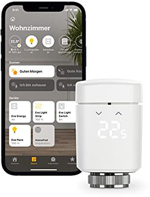 Eve Thermo (Apple Home) - Smartes Heizkörperthermostat, spart Heizkosten, Moderne Heizungssteuerung (App/Zeitpläne/Anwesenheit), einfach installiert, für gängige Heizkörperventile, Bluetooth/Thread