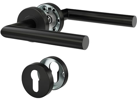 DIYGEEK Türgriffe Innentüren, Türklinke Schwarz Pulverbeschichtet für Drückergarnitur/Rosettengarnitur Zimmertür, Türgriff-Set Edelstahl mit Rosette Ø 52 mm PZ-Profilzylinder, L-Form