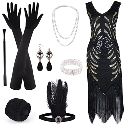 ELECLAND 1920er V-Ausschnitt Pailletten Perlen Fransenkleid mit 20er Accessoires Set