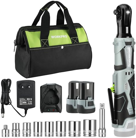 WORKPRO Elektrische Ratschenschlüssel Set, 12V Akku-Ratsche, 3/8, 55 Nm, Kabelloser Ratschenschrauber mit 2 x 2,0 Ah Akku, LED-Licht, inkl. 9 Stecknüsse, Aufbewahrungstasche, Ladegerät