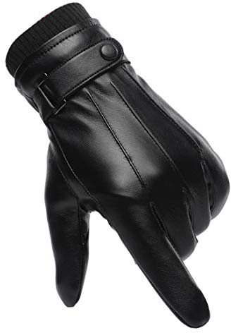 Winter Handschuhe Herren Faux Leder Warm Dick Vlies Winddicht Kälteschutz Thermal Fäustlinge Anti-Rutsch Berührungssensitiver Bildschirm für Outdoor Fahren Camping Damen Teenager