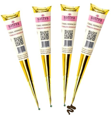Sattva Ayurveda Natürliche Braune Henna Farbe - Kupferbraun- Perfekt für Henna Braune Designs & Sommersprossen-Effekt - ohne Ammoniak, PPD - 4 x 30 g Kegel