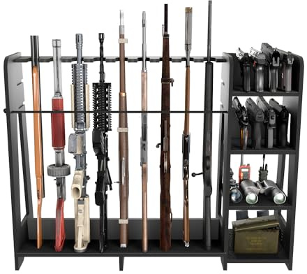 Prometis Gewehrständer-freistehender Boden Holz Gewehrständer mit Pistolenregalen,Einstellbare Höhenspeicherlösungen und Gun Room Display Stand, hält bis zu 9 Lange Waffen und 8 Handfeuerwaffen