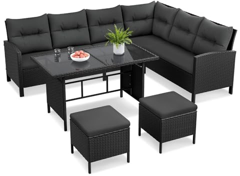 Yaheetech Polyrattan Lounge inkl. Ecksofa, Esstisch, 2 Hocker & Kissen bis 7 Personen, Wetterfest Gartenmöbel Set Rattan Sitzgruppe Gartenlounge Essgruppe für Garten Balkon Terrasse, Schwarz & Grau