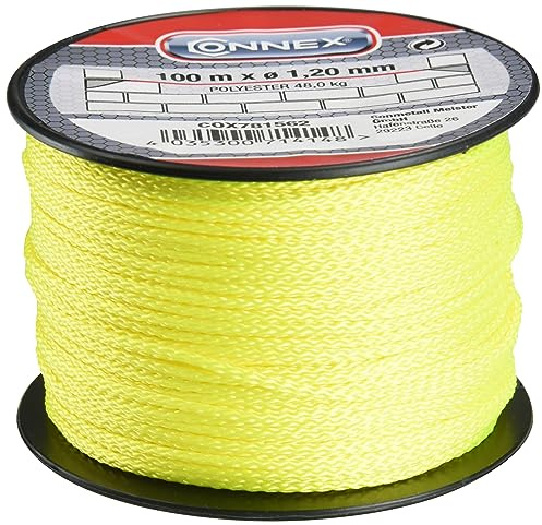 Connex Maurerschnur gelb - 100 m Länge - Ø 1,2 mm - Polyester geflochten - Knotenfest - Reißfest & Belastbar - Auf Spule / Richtschnur / Bauschnur / Lotschnur / Pflasterschnur / COX781562