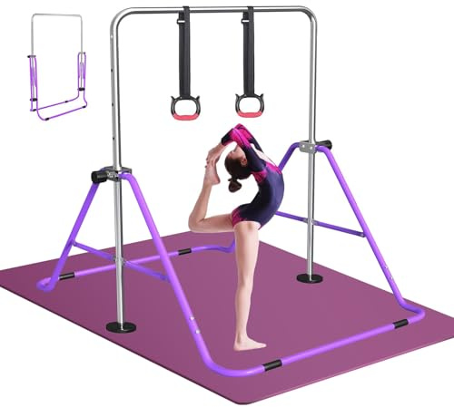 FBSPORT Gymnastikstange Kinder Reckstange Indoor Outdoor Höhenverstellbar | 5 Höhenstufen Turnstange, faltbar & platzsparend, inkl. Gymnastikringe, hohe Belastbarkeit, Tragkraft 64 kg