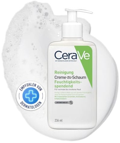 CeraVe Creme-zu-Schaum Reinigung, Feuchtigkeitsspendende Reinigungscreme, Für normale bis trockene Haut, Entfernt Schmutz und Make-up, Mit Hyaluron und Ceramiden, 236 ml