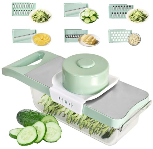 6 in 1 Verstellbarer Edelstahl-Mandoline-Gemüsehobel mit Auffangbehälter, Dick-/Dünnschneider, Reibe für Gemüse und Käse, Kartoffelschneider, Karottenreibe, Knoblauchreibe, mit Fingerschutz (Grün)