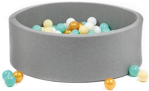 LUDI — Runder Ballpool aus Schaumstoff — Ø 90 cm x H 30 cm — für Babys ab 6 Monaten — 100 Bälle — weicher und waschbarer Stoff — graue Farbe — fördert motorische Fähigkeiten und Koordination