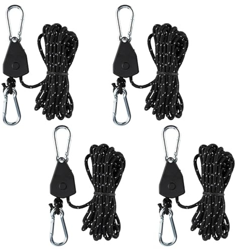 4 Stück Verstellbarer Seil Ratsche, 4m Abspannseile mit Seilspanner, 4mm Leichte Abspannleine Zeltschnur Einstellbare Seilratsche mit Haken für Campingzelte Markisen (Schwarz)