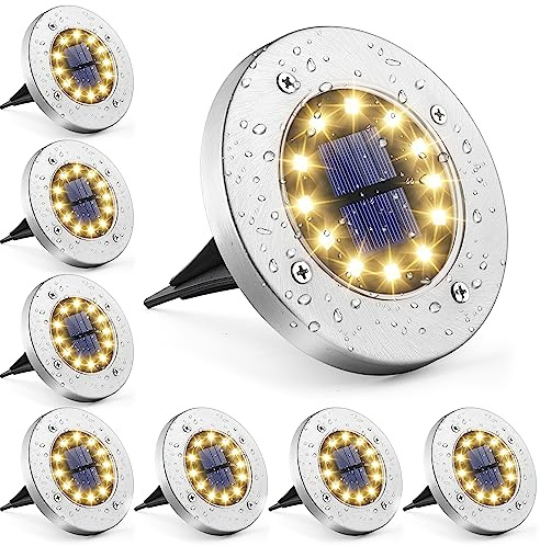 GIGALUMI Solar Bodenleuchten 12 LEDs 8 Stück Solarleuchten Warmweiß Gartenleuchten Edelstahl Wasserdicht für außen, Garten, Terrasse, Rasen, Hof, Gehweg