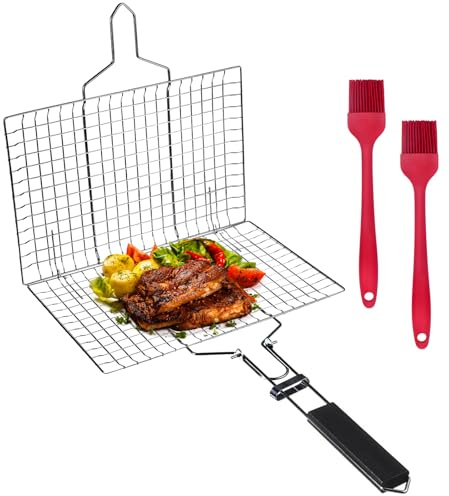 OBYCPIN Edelstahl Grillkorb 32x22 cm, Faltbar & Tragbar, inkl. 2 Silikonbürsten, Grillzubehör für Fisch, Gemüse, Steak, Garnelen, mit Abnehmbarem Griff