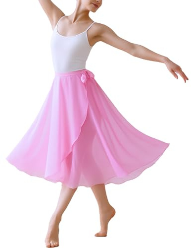Lusofie Tüllrock Lang Rosa Ballett Chiffon Wickelrock Tanz Damen Langer Tanzrock Transparenter Ballettrock Tutu Ballett Chiffonrock mit Verstellbarem Gürtel Tanzrock Damen Balette Kleidung Mädchen