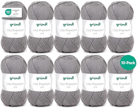 Gründl Wolle Lisa Premium uni - Garn zum Stricken - Strickgarn - Häkelgarn - Weich und hautfreundlich - 100% Polyacryl 10 Knäuel 50 g / 133 m - Nadelstärke 3,5-4,5 - Kieselgrau