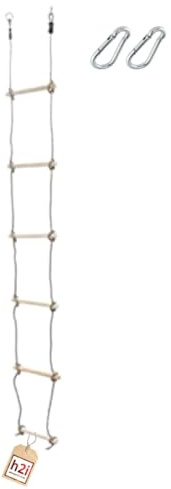 h2i Strickleiter für Kinder | Kletterleiter mit 6 Holzsprossen | Hängeleiter aus Holz | Seilleiter inkl. Karabiner | Outdoor Kletterspielzeug | Höhe 220 cm