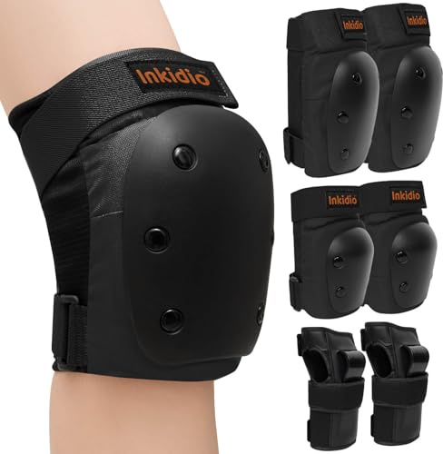 Inkidio Schutzausrüstungsset für Kinder Damen Herren mit Knieschützern Ellbogenschützern Handgelenkschützern ideal für Rollschuhlaufen Skateboarden Rollerfahren (L Black)