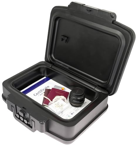 HMF 250437 Feuerfeste Wasserdichte Dokumentenbox mit Zahlenschloss | DIN A4 | 44,5 x 16,5 x 33 cm | Schwarz