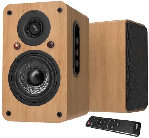 LONPOO Aktiv Regal-Lautsprecher Paar, 100W Aktivlautsprecher mit HDMI ARC | Bluetooth 5.3, Optisch, Koaxial, USB, AUX-IN, 4-Zoll Kohlefaser-Tieftöner, Fernbedienung (LP-42X Gelb)