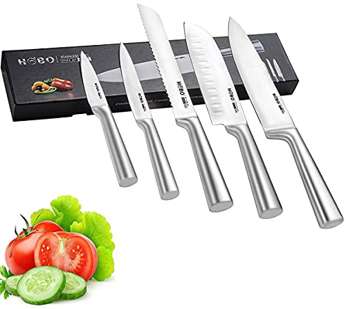 HOBO Profi Messer Set 5 teilige, Küchenmesser Set mit Edelstahlklinge aus Edelstahl, Scharfes, Rutschfester, Gefrosteter Griff - Kochmesser/Brotmesser/Santoku/Universalmesser/Gemüsemesser