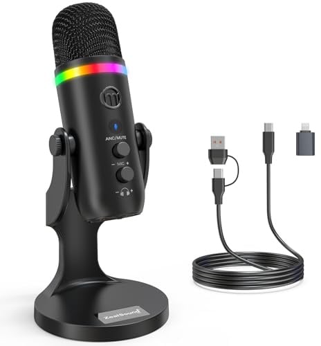zealsound USB Mikrofon, RGB Gaming Mikrofon für PC, Handy & iPhone, mit Rauschunterdrückung, Stumm & Echo, Kondensator-Tischmikrofon für Podcast, Streaming, Twitch, YouTube, Discord auf Windows & Mac