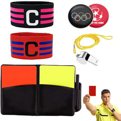 Fußball Schiedsrichter Set Schiedsrichter Pfeifen mit 2 Kapitänsbinde C mit Rote und Gelbe Karten Schiedsrichterkarten mit Tasche Punktebuch für Fußballspiel Schulsport Sport, schiri set kinder