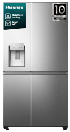 Hisense RS818N4TIC Side-by-Side mit Eis-, Crushed-und Wasserspender/ 632 L/Wassertank/ConnectLife/Inverter/Metal Cooling/Flaschenhalter/Xtra Ruam/BxHxT: 91×179×73cm/ Edelstahl [Energieklasse C]