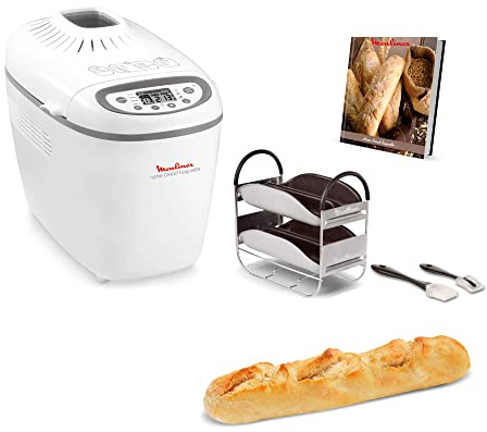 Moulinex OW6101 Home Bread Baguette Brotbackautomat|für bis zu 1,5 kg Brot|16Programme|hausgemachtes Brot|antihaftbeschichtete Brotform| inkl.Baguettebleche &Rezeptheft|1650W|29x27x33cmWeiß