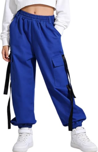 Rolanko Kinder Cargo Hose Elastische Taille Jogger Tanz Hose für Mädchen Streetwear Hip Hop, Blau, 140/8-9 Jahre
