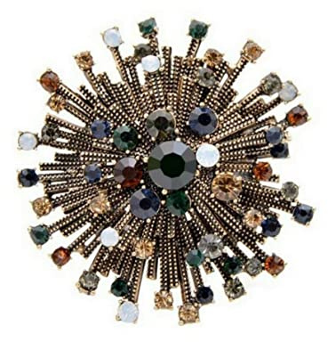 Générique Brosche aus Stahl und Bronze, Floraler Stil, Blume, Multi Strass, Metall