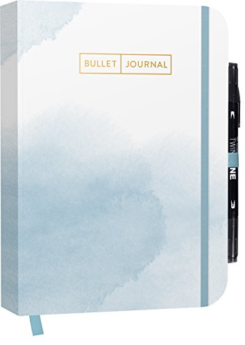 Bullet Journal Watercolor Blue 05 mit original Tombow TwinTone Dual-Tip Marker 33 black: Mit Punkteraster, Seiten für Index, Key und Future Log ... Stiftehalter und praktischem Verschlussband