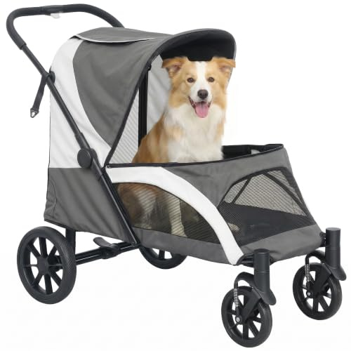 PawHut Hundewagen Klappbar für Mittelgroße Hunde & Katzen 25 kg Dunkelgrau | Hundebuggy, Katzenbuggy, Kissen, Netzfenstern, Türen, Aufbewahrungstasche, Katzenwagen, Buggy