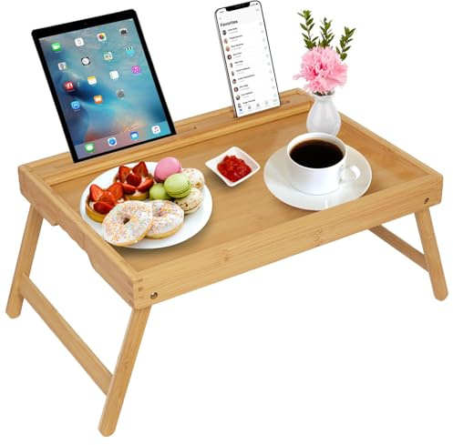 Betttablett mit Griffen, klappbaren Beinen, Bambus, Frühstückstablett mit Handy- und Tablet-Halter, Laptoptisch, Küche, Serviertisch (Bambusfarbe)