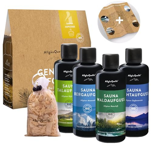 AllgäuQuelle® Saunaaufguss Set Bio 4er Sauna Zubehör 4x100ml Sauna Aufguss - Sauna Set inkl. Karte mit Allgäu Insider-Tipps