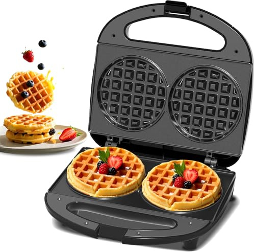 YASHE Doppel-Waffeleisen, rund & kompakt, Antihaft, Temperaturautomatik | Cool-Touch-Griff und automatische Temperaturregelung für sichere Bedienung