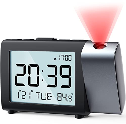 MeesMeek Projektion Digitaler Wecker: Digital Alarm Clock mit Temperatur Datum 12/24H einstellbare Helligkeit Lautstärke, Batteriebetriebene Uhr für Kinder Senioren Schlafzimmer Nachttisch Büro (Rot)