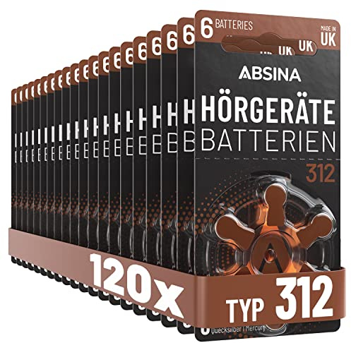 ABSINA Hörgerätebatterien 312 120 Stück mit gut greifbarer Schutzfolie - Batterien für Hörgeräte 312 Zink Luft mit 1,45V - Typ 312 Hörgeräte Batterie Braun - PR41 ZL3 P312 Hörgerätebatterien
