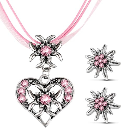 Patelai 3 Stück Trachtenschmuck Set Bayerisch Dirndlschmuck Trachtenkette mit Strass Edelweiß Herz Anhänger und Edelweiß Ohrstecker für Damen Bierfest Trachten Dirndl Outfit Accessoires