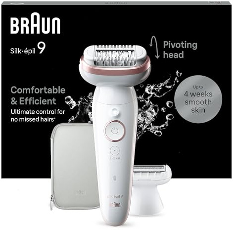 Braun Silk-épil 9 Epilierer Damen mit Schwenkbarem Kopf für Eine Einfache Haarentfernung, Wet&Dry, Langanhaltend Glatte Haut, Wasserdicht — Inkl. Rasieraufsatz und Trimmeraufsatz — 9-030, Weiß/Rosa