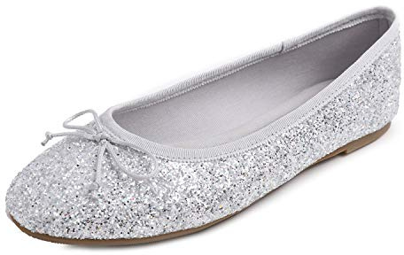 Feversole Round Glitter Ballerina, Damen Klassische Ballerinas Profilsohle Glänzende Ballerina Flach Glänzende Eissilber 40
