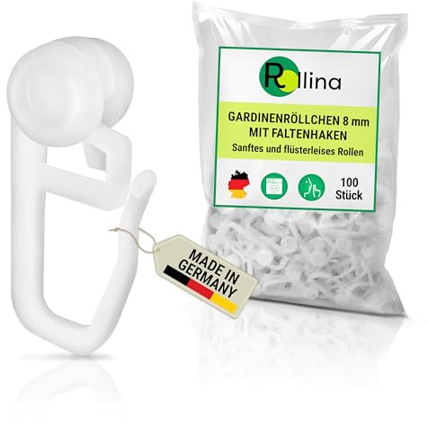 Rollina Gardinenhaken 8mm (100 Stück) | Gardinenröllchen für Schienen mit 4mm Laufkanal | Gardinengleiter in Standardgröße | Vorhanghaken