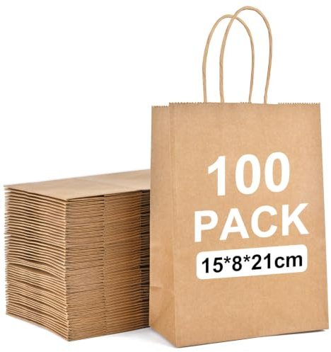 100 Stück Papiertüten mit Henkel Geschenktüten Kleine Braun 15x8x21cm | Papiertragetaschen Papiertaschen mit henkel Kraftpapiertüte für Einkaufen, Hochzeiten, Verpackungen, Partys, Geburtstag