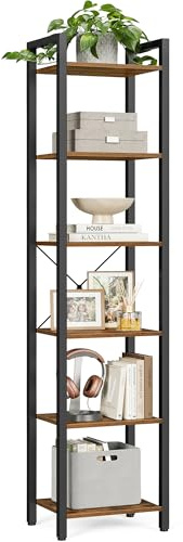 VASAGLE Regal, Bücherregal, Standregal, DVD-Regal, mit 6 Ebenen, Büroregal, offene Ablagen, für Büro, Wohnzimmer, Schlafzimmer, Küche, 30 x 40 x 186 cm, vintagebraun-tintenschwarz LLS101B01